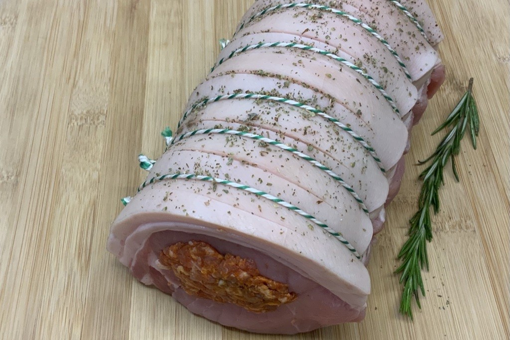 Boned, rolled and stuffed pork loin chorizo