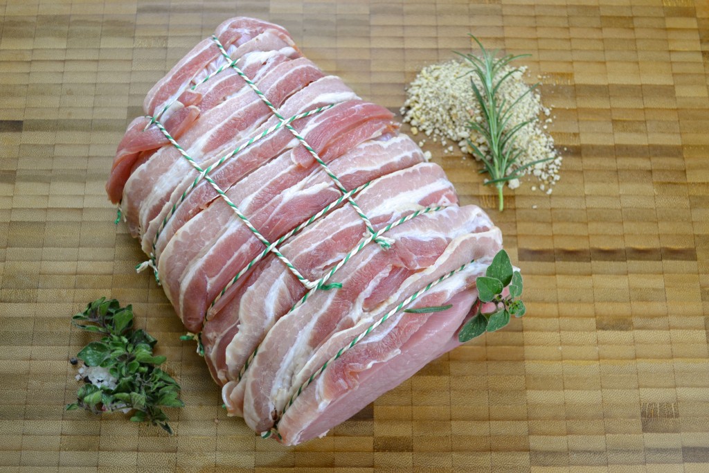 Boneless Turkey Breast, stuffed with sage and onion stuffing and wrapped in bacon