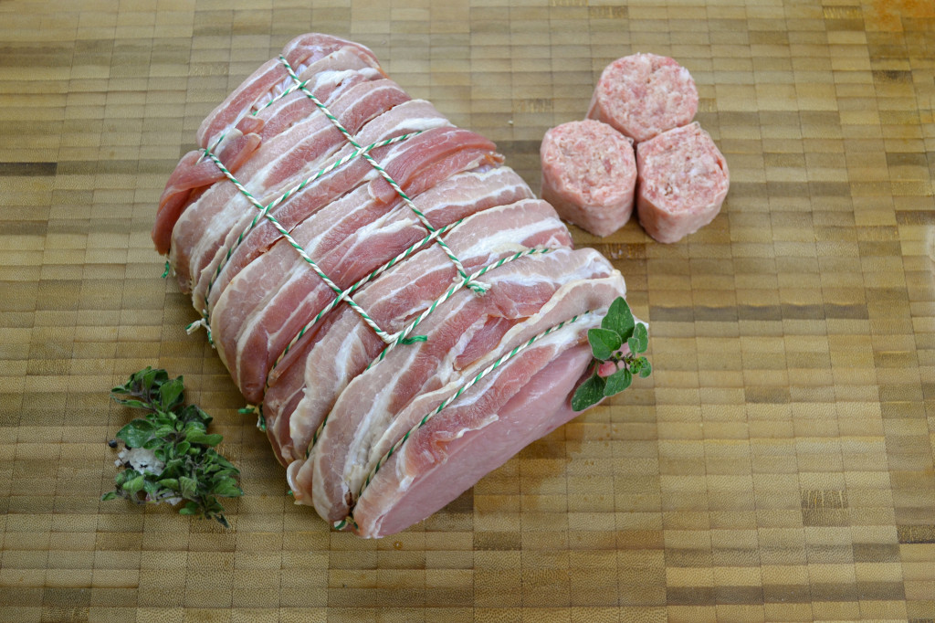 Boneless Turkey Breast, stuffed with plain gluten free sausage meat and wrapped in bacon